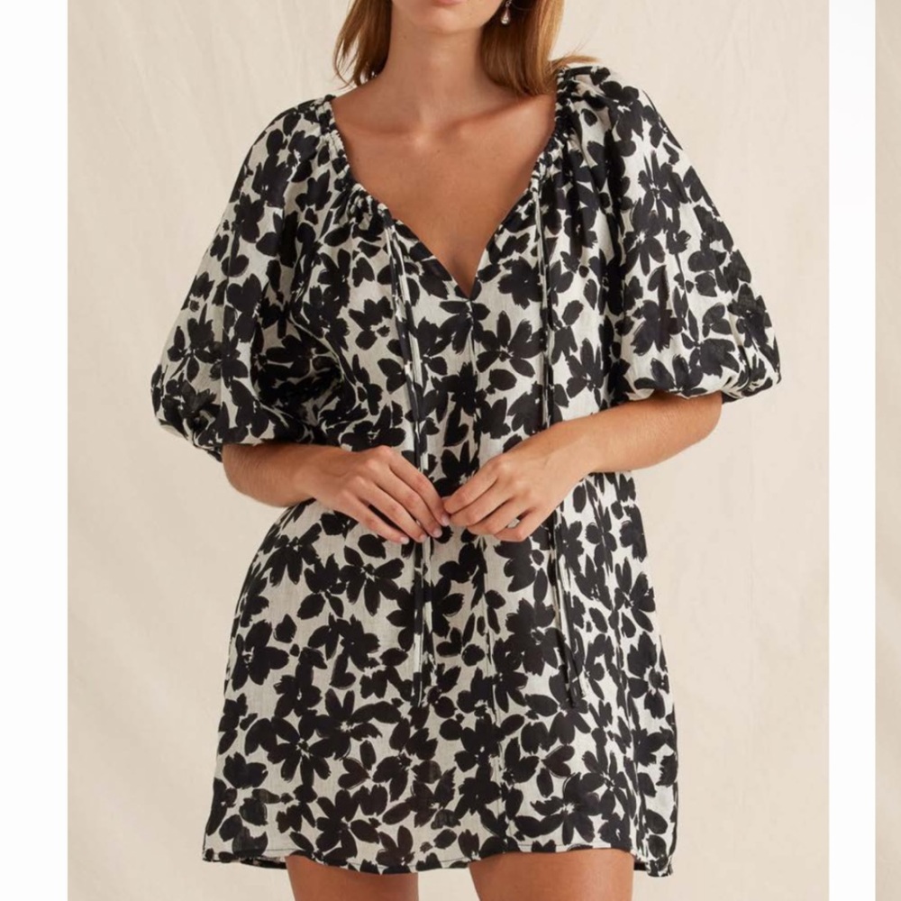 PEONY SWIMWEAR Black & White Floral Puff Sleeve Mini Dress